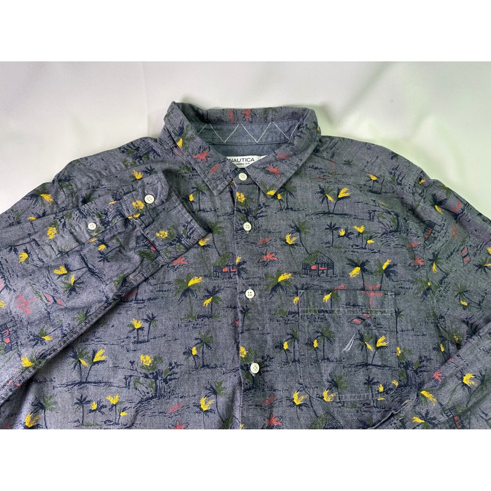 Nautica Mens 2XL Classic Fit Tropical Palm Tree House Print L/S Button Up‎ Shirt